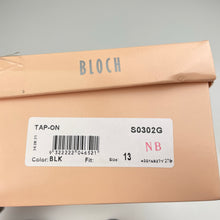 Load image into Gallery viewer, Girls BLOCH, black leather Tap On dance shoes, Techno Tap plates, 19mm heel, GUC, size 6-8,
