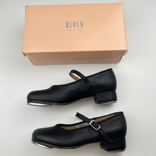 Load image into Gallery viewer, Girls BLOCH, black leather Tap On dance shoes, Techno Tap plates, 19mm heel, GUC, size 6-8,