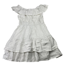 Load image into Gallery viewer, Girls Country Road, cotton lined metallic silver stripe dress, EUC, size 5, L: 56cm