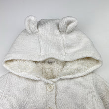 Load image into Gallery viewer, Girls Target, faux fur lined knitted hooded cardigan, light marks, FUC, size 00,