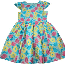 Load image into Gallery viewer, Girls Origami, lined colourful floral party dress, EUC, size 6, L: 66cm