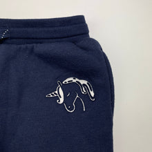 Load image into Gallery viewer, Girls KID, navy fleece-lined track pants, unicorn, inside leg: 48cm, EUC, size 6,
