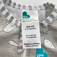 Load image into Gallery viewer, Unisex Love To Dream, stretchy zip romper, narwhals, FUC, size 000,