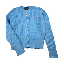 Load image into Gallery viewer, Girls POLO RALPH LAUREN, blue cotton cable knit cardigan (marks on cuffs), FUC, size 7,