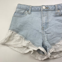 Load image into Gallery viewer, Girls Tilii, broderie trim, stretch denim shorts, adjustable, GUC, size 12,