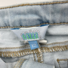 Load image into Gallery viewer, Girls Tilii, broderie trim, stretch denim shorts, adjustable, GUC, size 12,