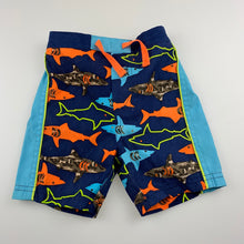 Load image into Gallery viewer, Boys lined, lightweight board shorts, elasticated, sharks, GUC, size 0,