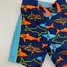 Load image into Gallery viewer, Boys lined, lightweight board shorts, elasticated, sharks, GUC, size 0,