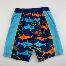 Load image into Gallery viewer, Boys lined, lightweight board shorts, elasticated, sharks, GUC, size 0,