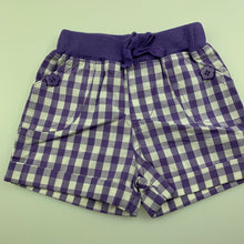 Load image into Gallery viewer, Girls Baby Biz, purple check lightweight cotton shorts, elasticated, EUC, size 000,