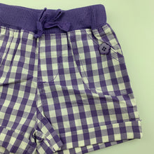 Load image into Gallery viewer, Girls Baby Biz, purple check lightweight cotton shorts, elasticated, EUC, size 000,
