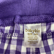Load image into Gallery viewer, Girls Baby Biz, purple check lightweight cotton shorts, elasticated, EUC, size 000,