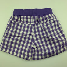 Load image into Gallery viewer, Girls Baby Biz, purple check lightweight cotton shorts, elasticated, EUC, size 000,