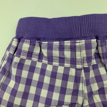 Load image into Gallery viewer, Girls Baby Biz, purple check lightweight cotton shorts, elasticated, EUC, size 000,