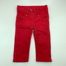 Load image into Gallery viewer, Girls 3 Pommes, red stretch denim pants, adjustable, inside leg: 22.5 cm, GUC, size 12 months,