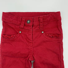 Load image into Gallery viewer, Girls 3 Pommes, red stretch denim pants, adjustable, inside leg: 22.5 cm, GUC, size 12 months,