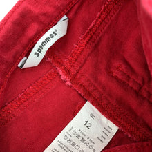 Load image into Gallery viewer, Girls 3 Pommes, red stretch denim pants, adjustable, inside leg: 22.5 cm, GUC, size 12 months,