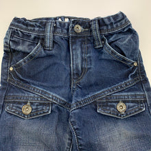 Load image into Gallery viewer, Boys ABCD Industrie, dark denim jeans, adjustable, wear on cuffs, FUC, size 0,
