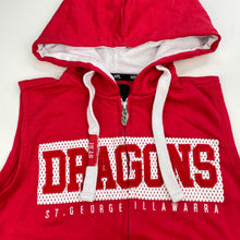 Load image into Gallery viewer, unisex NRL Supporter, St George Dragons sleeveless hooded top, small marks on front, FUC, size 7,