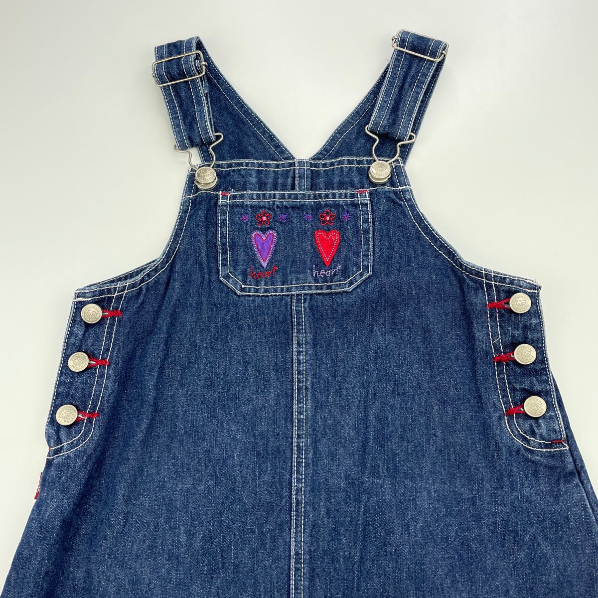 Pumpkin Patch, vintage embroidered denim overalls dress / pinafore, GUC,  size 7, L: 70cm  DaisyChainClothing