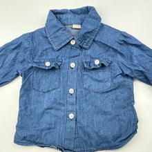 Load image into Gallery viewer, Boys blue, chambray long sleeve shirt, armpit to armpit: 26cm, GUC, size 0-1,