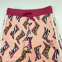 Load image into Gallery viewer, Girls Adidas, pink animal print track pants, elasticated, Inside leg: 30.5cm, FUC, size 2,