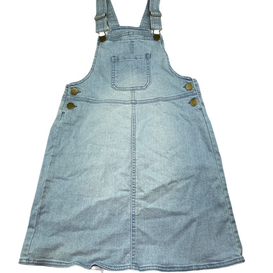 Girls Anko, blue stretch denim overalls dress / pinafore, GUC, size 10, L: 71cm