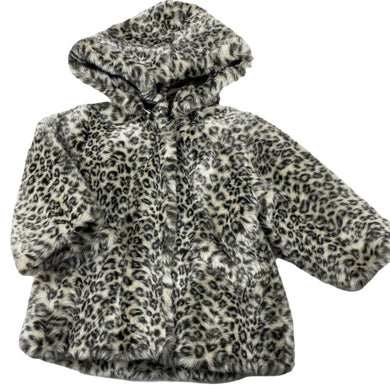 Girls Confetti, faux fur jacket / coat, detachable hood, L: 38cm, EUC, size 1-2,  