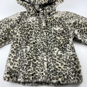 Girls Confetti, faux fur jacket / coat, detachable hood, L: 38cm, EUC, size 1-2,  