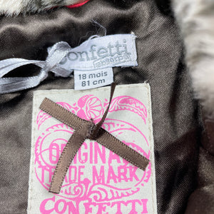 Girls Confetti, faux fur jacket / coat, detachable hood, L: 38cm, EUC, size 1-2,  