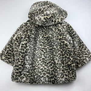 Girls Confetti, faux fur jacket / coat, detachable hood, L: 38cm, EUC, size 1-2,  