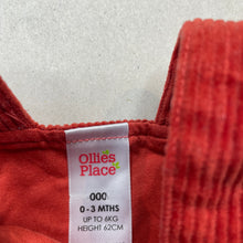 Load image into Gallery viewer, Girls Ollies Place, embroidered corduroy cotton overalls dress / pinafore, EUC, size 000, L: 34cm