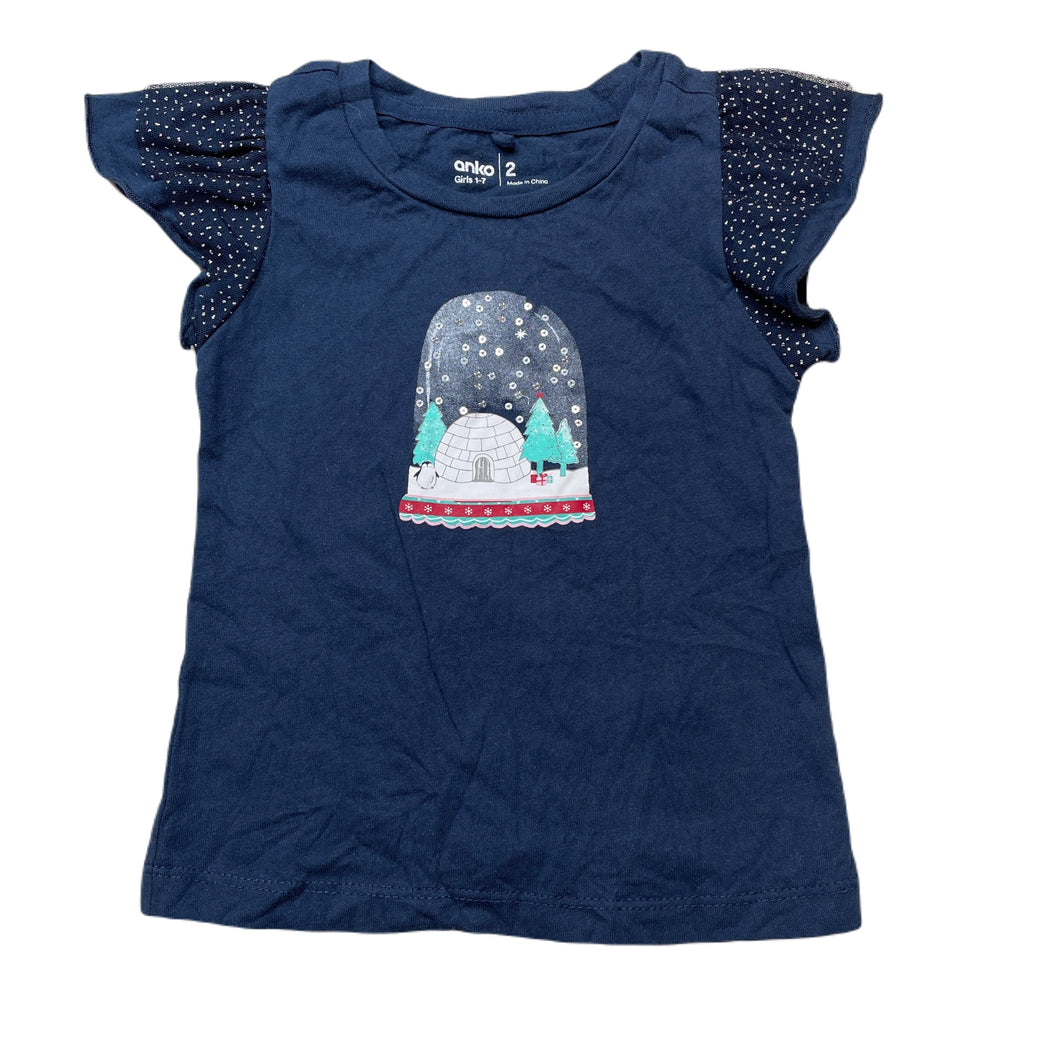 Girls Anko, navy cotton Christmas t-shirt / top, GUC, size 2,  