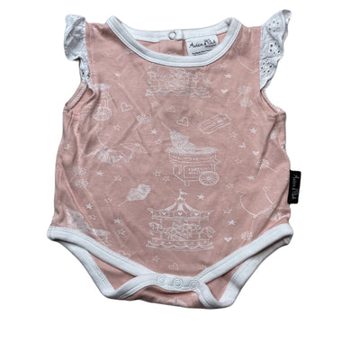Girls Aster & Oak, organic cotton bodysuit / romper, fairy floss, GUC, size 000,  