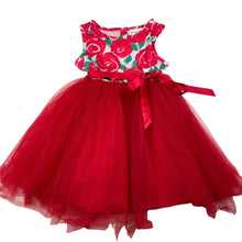 Load image into Gallery viewer, Girls Origami, red floral &amp; tulle party dress, armpit to armpit: 23cm, GUC, size 0, L: 41cm