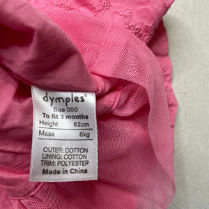Girls Dymples, lined cotton party dress, GUC, size 000, L: 34cm