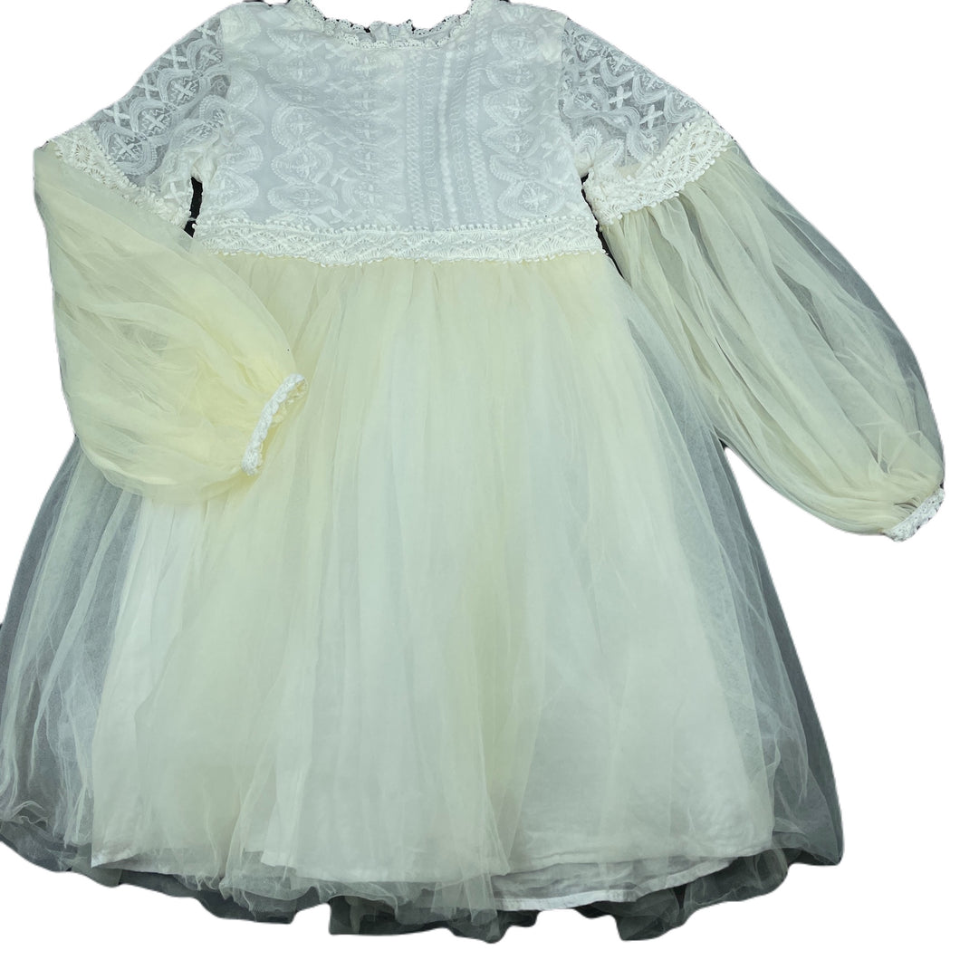 Girls cream, cotton lined tulle & lace party dress, armpit to armpit: 35cm, GUC, size 8-10, L: 70cm