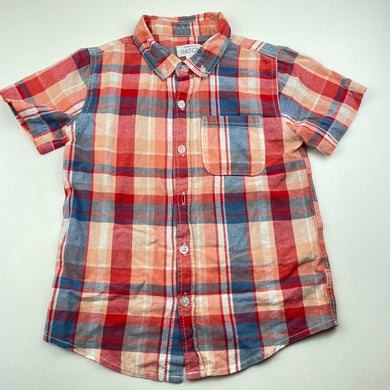 Boys Pumpkin Patch, colourful checked cotton short sleeve shirt, button missing, spare included, FUC, size 5,  