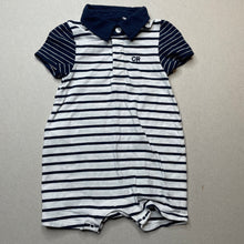 Load image into Gallery viewer, Boys Country Road, navy stripe organic cotton blend romper, EUC, size 000,  