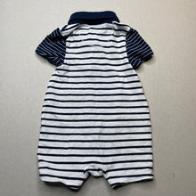 Load image into Gallery viewer, Boys Country Road, navy stripe organic cotton blend romper, EUC, size 000,  