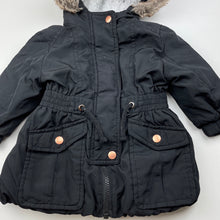 Load image into Gallery viewer, Girls Target, black hooded jacket / coat, L: 36cm, FUC, size 1,  