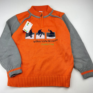 Boys HUANZHISANG, orange & grey knitted sweater / jumper, no size, armpit to armpit: 41cm, shoulder to cuff: 45cm, NEW, size 9-10,  