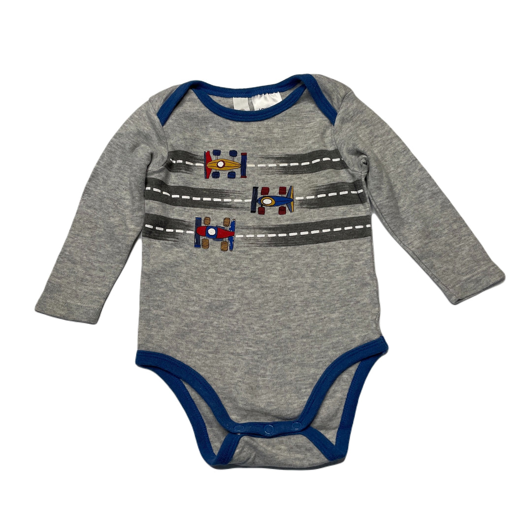 Boys Dymples, soft cotton bodysuit / romper, racing cars, FUC, size 00,  