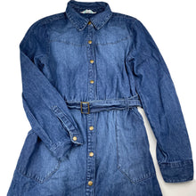 Load image into Gallery viewer, Girls Tilii, blue denim shirt dress, EUC, size 14, L: 73cm