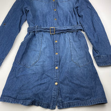 Load image into Gallery viewer, Girls Tilii, blue denim shirt dress, EUC, size 14, L: 73cm