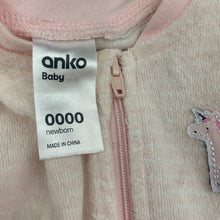 Load image into Gallery viewer, Girls Anko, pink terry zip coverall / romper, unicorn, GUC, size 0000,  