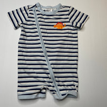 Load image into Gallery viewer, Boys Sprout, striped stretchy zip romper, dinosaur, EUC, size 1,  