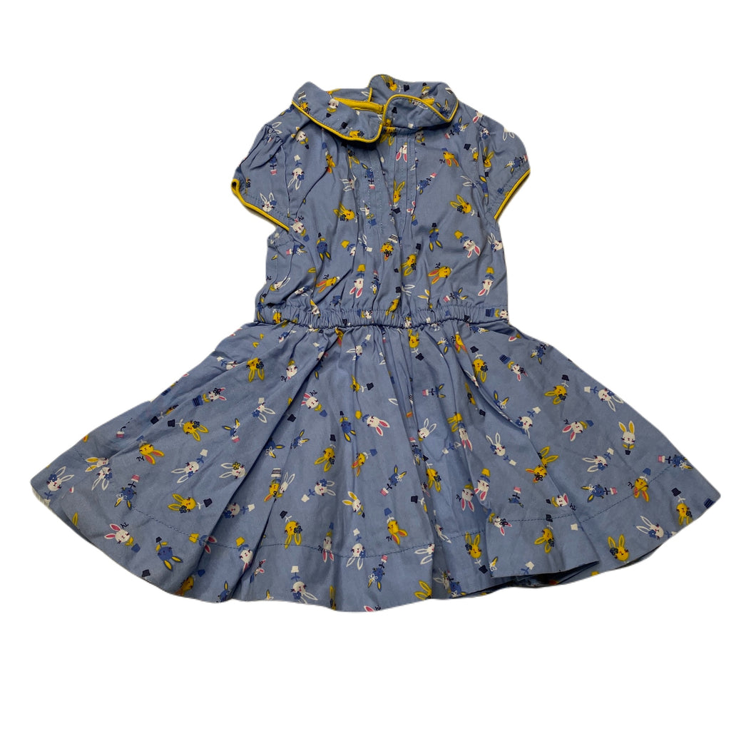 Girls Mothercare, blue cotton dress, rabbits, EUC, size 00, L: 36cm