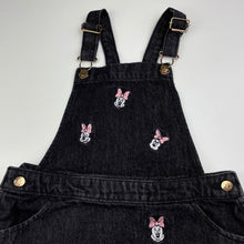 Load image into Gallery viewer, Girls Disney, Minnie Mouse embroidered denim overalls dress / pinafore, EUC, size 6, L: 60cm