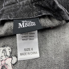 Load image into Gallery viewer, Girls Disney, Minnie Mouse embroidered denim overalls dress / pinafore, EUC, size 6, L: 60cm